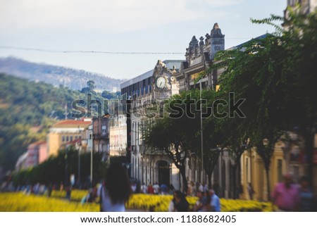 Streets in the historical old town center of Braga with fountain and cathedral, Porugal, Norte region, summer evening