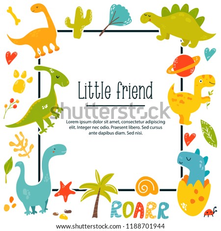 Dinos poster with bright characters and place for text. Suitable for birthday greetings