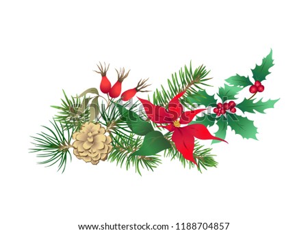 Christmas decoration, a wreath made of fir branches, puancetti, pine, holly, mistletoe, dog rose. Isolated on white background. Colored vector illustration.
