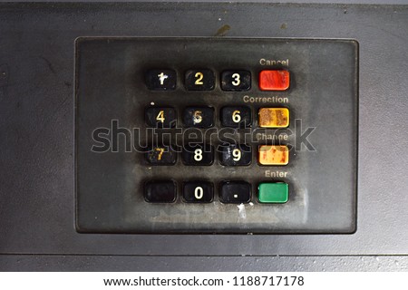 Close up abandon old dirty ATM number pad mean weak password pin security technology easy to fraud hack by phishing or skimming process using in content picture and UX UI comparison