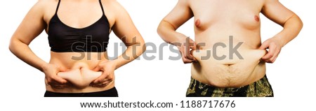 Set of pictures of bodies fat guy and fat girl isolated on white background.