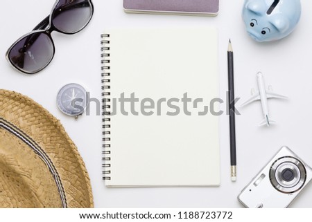 Top view of traveler accessories with empty space for text information, Travel vacation trip background concept