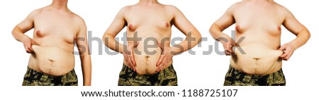 Set of pictures of body fat guy isolated on a white background.