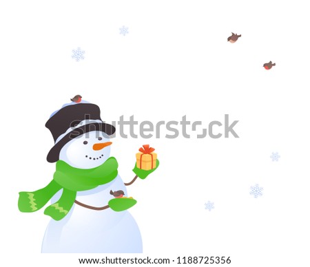 Vector cartoon illustration of a cute happy snowman with a gift and small birds flying, xmas frame background