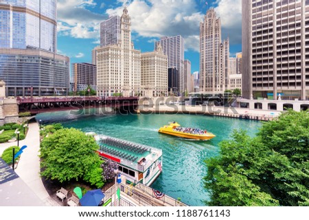 Chicago Skyline. Chicago downtown and Chicago River with bridges at summer day. Royalty-Free Stock Photo #1188761143