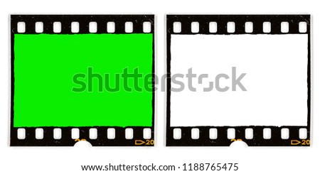 HIgh res old 35mm film dia frame on white with green screen and small drop shadow