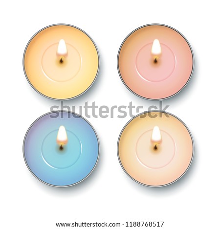 Candle top view. Vector set of realistic burning candles isolated on white background.