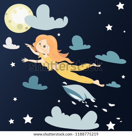 Vector illustration the girl is flying in dreams through the sky with clouds and pillow with feathers, she-is wearing yellow pajamas. 