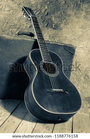 vintage acoustic blues guitar with old baggage, vintage style image