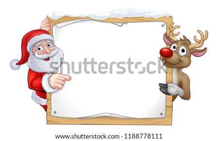 Santa Claus and Reindeer Christmas cartoon characters in a pointing at a snow covered sign