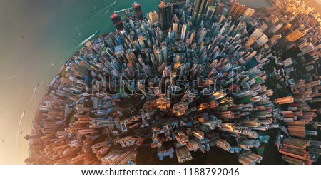Little planet. Aerial view of Hong Kong Downtown. Financial district and business centers in smart city in Asia. Top view. Panorama of skyscraper and high-rise buildings. Royalty-Free Stock Photo #1188792046