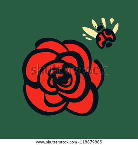 Decorative drawn rose with ladybug. Floral design element