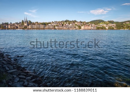 The nice view from approximately Inseli Park and the Europa Platz towards the famous Haldenstrasse at the shores of Lake Lucerne in the centre city of Lucerne on a nice September day. 