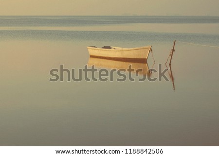 An old traditional fishing boat, moored to a pole in the middle of a coastal lagoon. Picture with a retro style looking.