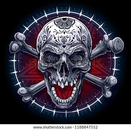 Detailed graphic realistic black and white human skull with mexican tattoo floral ornament and crossed bones. On five pointed pentagram star with ornament in circle background. Vector icon.