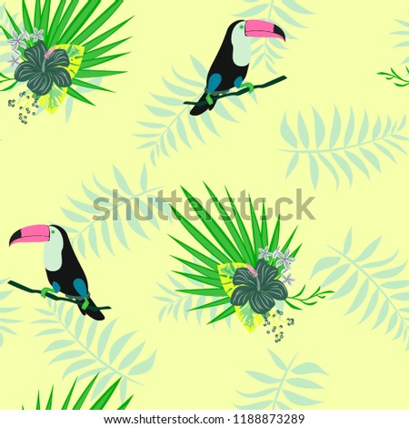 Tropical seamless pattern with toucan, flowers and leaves. Beautiful background with tropical leaves and flowers. Birds of the jungle. For covers, paper, wallpaper and fabric.