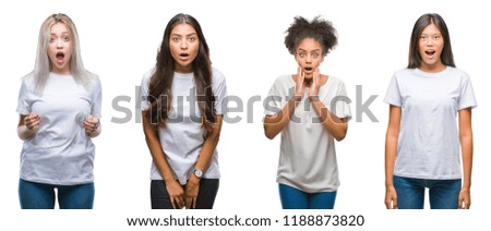 Collage of group of chinese, arab, african american woman over isolated background afraid and shocked with surprise expression, fear and excited face.