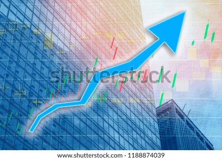 Hong Kong Office buildings with graph index of stock Market (blue bull chart on background ) 