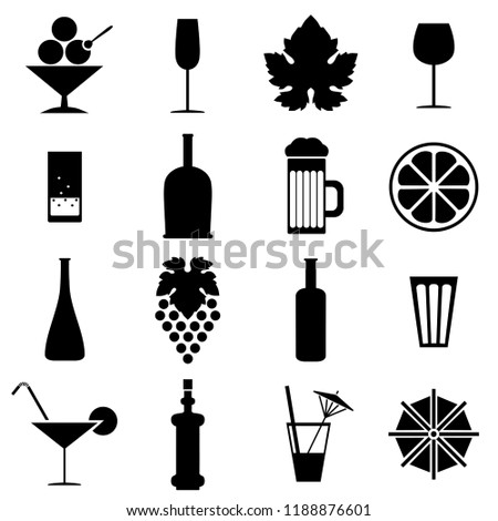 Set of 16 vector icons of alcoholic beverages and cocktails: glasses, wine, beer, soda water, grape, bottles, champagne, slice of lemon, cocktail umbrella. Isolated, flat