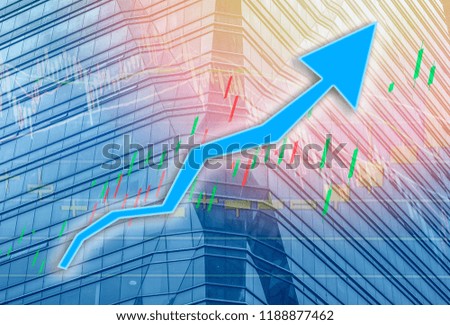 Hong Kong Office buildings with graph index of stock Market (blue bull chart) 