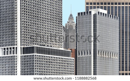 facade buildings, modern and old architecture with great patterns and forms and cloudy blue sky in lower manhattan in new york