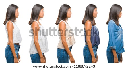 Collage of asian young woman standing over white isolated background looking to side, relax profile pose with natural face with confident smile.