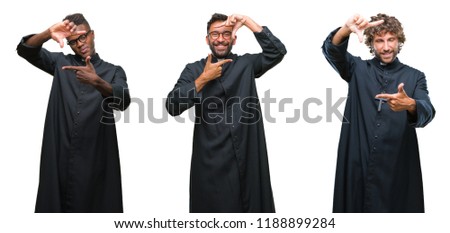 Collage of christian priest men over isolated background smiling making frame with hands and fingers with happy face. Creativity and photography concept.