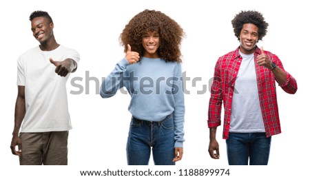 Collage of african american group of people over isolated background doing happy thumbs up gesture with hand. Approving expression looking at the camera with showing success.