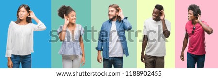 Composition of african american, hispanic and chinese group of people over vintage color background smiling with hand over ear listening an hearing to rumor or gossip. Deafness concept.