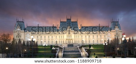 The Palace of Culture in Iasi, Moldavia, Romania at sunset. Neo-Gothic castle of the royal family. The building served as Administrative Palace, Palace of Justice and now Moldova National Museum
