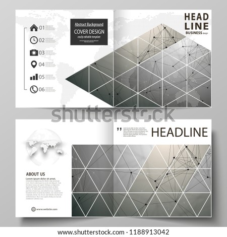 Business templates for square design bi fold brochure, flyer, booklet. Leaflet cover, abstract vector layout. Chemistry pattern, molecule structure on gray background. Science and technology concept.