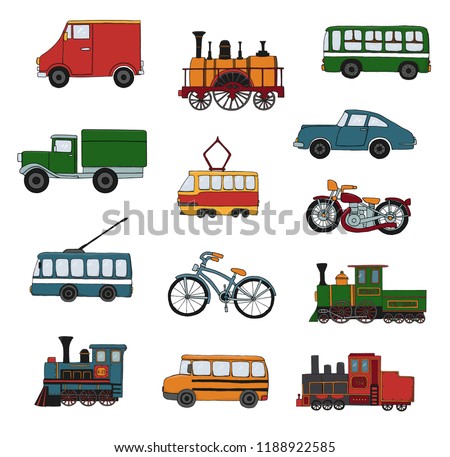 Vector colored set of retro engines and transport. Vector illustration of vintage trains, bus, tram, trolleybus, car, bicycle, bike, van, truck isolated on white background. Cartoon style illustration