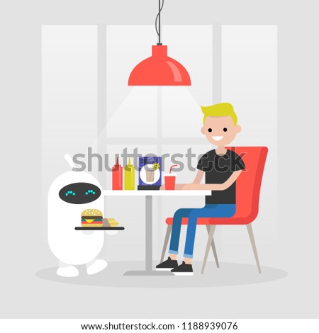 Futuristic service: robot carries a tray with burger and french fries. Modern restaurant. Fast food. Machine learning. Flat editable vector illustration, clip art 