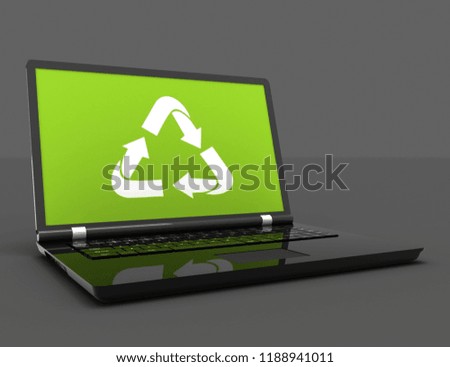 3D Laptop with a recycling symbol on screen. environmental conservation concept.3d illustration