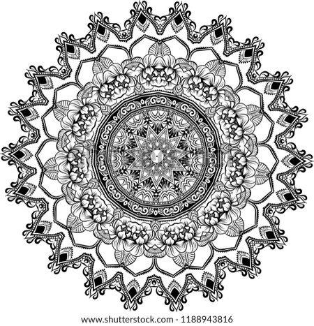 abstract vector with floral round lace mandala, decorative element in ethnic tribal style, black line art on a white background