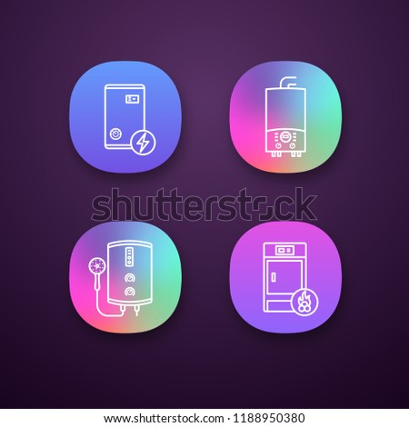 Heating app icons set. UI/UX user interface. Electric boiler, gas and electric tankless water heater, solid fuel boiler. Web or mobile applications. Vector isolated illustrations