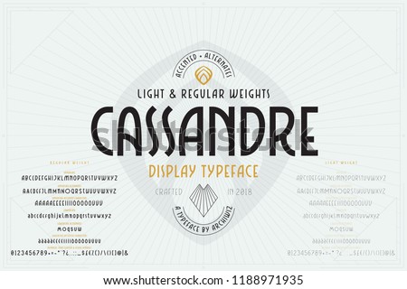 Vector Art Deco Font. Industrial alphabet with regular and light weights, various alternates and accented characters. Typeface suitable for headlines, logos, packaging, card and poster designs.