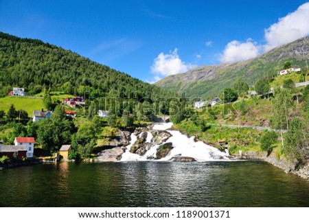 Waterfall in Hellesylt, Norway Royalty-Free Stock Photo #1189001371