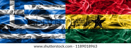 Greece vs Ghana smoke flags placed side by side. Thick colored silky smoke flags of Greek and Ghana
