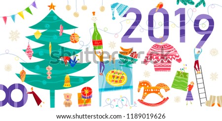 Group of little people decorating Christmas tree, festive table, room. Xmas and New Year greeting card concept. Winter holiday objects. Vector flat design with texture