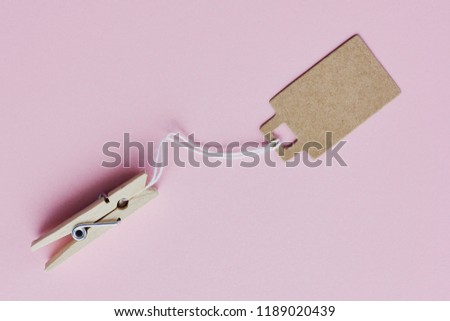 Blank brown cardboard price tag, sale tag, gift tag, address label, luggage label hanging on clothes wooden clips on pink background. Mock up, copy space for tex 