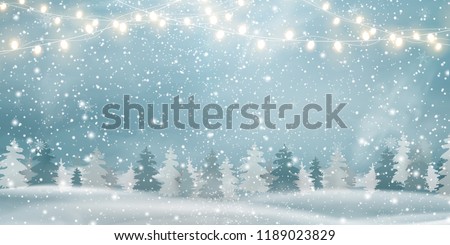 Christmas, Snowy  Woodland landscape  with firs, coniferous forest, light garlands, falling snow, snowflakes for winter and new year holidays. Holiday winter landscape. Christmas vector background. Royalty-Free Stock Photo #1189023829