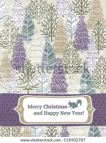 christmas background with forest of christmas trees, vector illustration