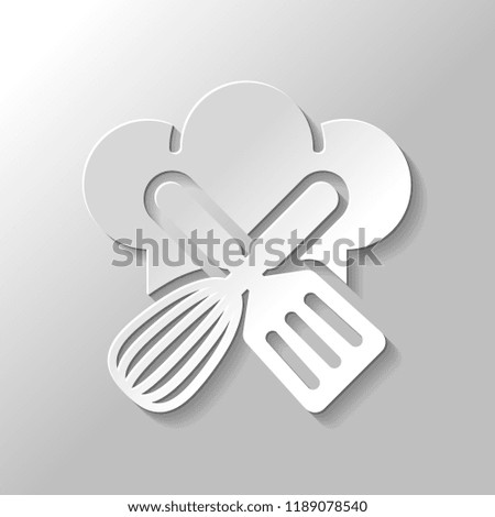 Chef hat and tools. Kitchen logo, simple icon. Paper style with shadow on gray background