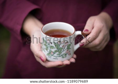 A cup of hot tea in the hands of a girl. Autumn mood, morning coolness, breakfast on the nature, beautiful dress, dark colors.