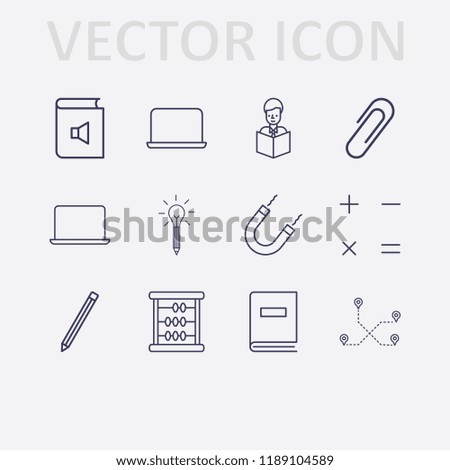 Outline 12 education icon set. laptop, idea with pencil, paper clip, magnet, distance, reading a book, pencil, book, math, book sound and calculator vector illustration