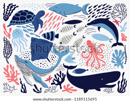 Set with hand drawn sea life elements.   Vector doodle cartoon set of marine life objects for your design. 