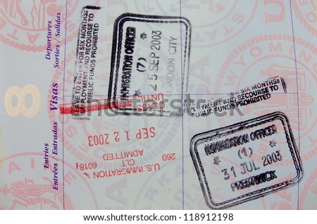 Single vivid passport page with five different stamps