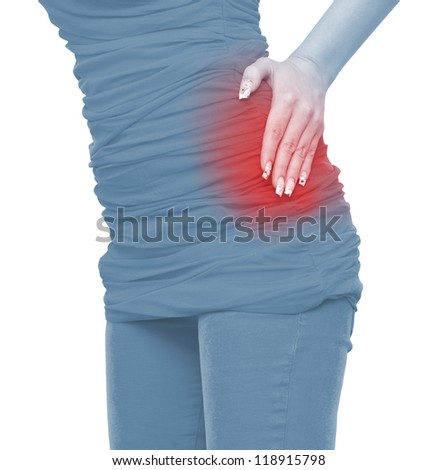 Acute pain in a woman abdomen. Female holding hand to spot of Abdomen-ache. Concept photo with Color Enhanced blue skin with read spot indicating location of the pain.