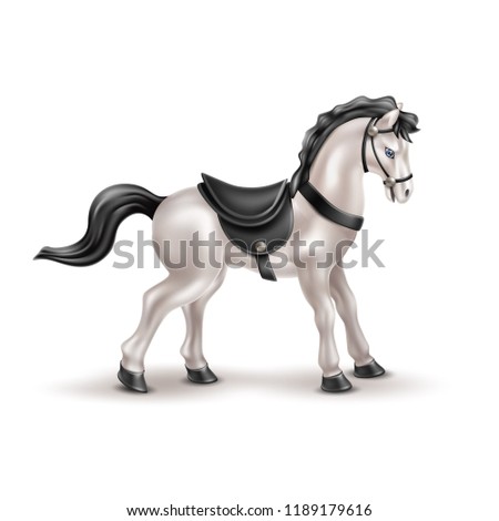 Vector horse realistic toy with black saddle, tail and mane. Marble white grey stallion or gelding doll for babies, boys and girls kids fun. Animal toy for games, birthday